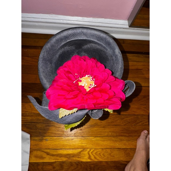 Frank Olive Saks Fifth Avenue Vintage Blue Pillbox Hat Pink Flower Bow Accent